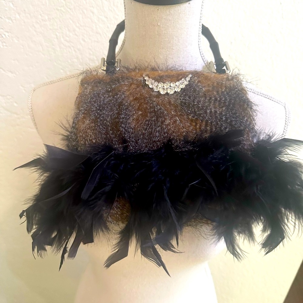 Vintage Mary Mary Earth vintage feather trim bag bamboo handle